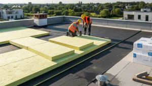 Obraz pokazujący osoby ocieplające stropodach betonowy