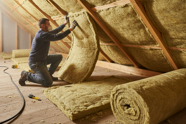 Grafika pokazująca ocieplanie dachu za pomocą wełny mineralnej skalnej