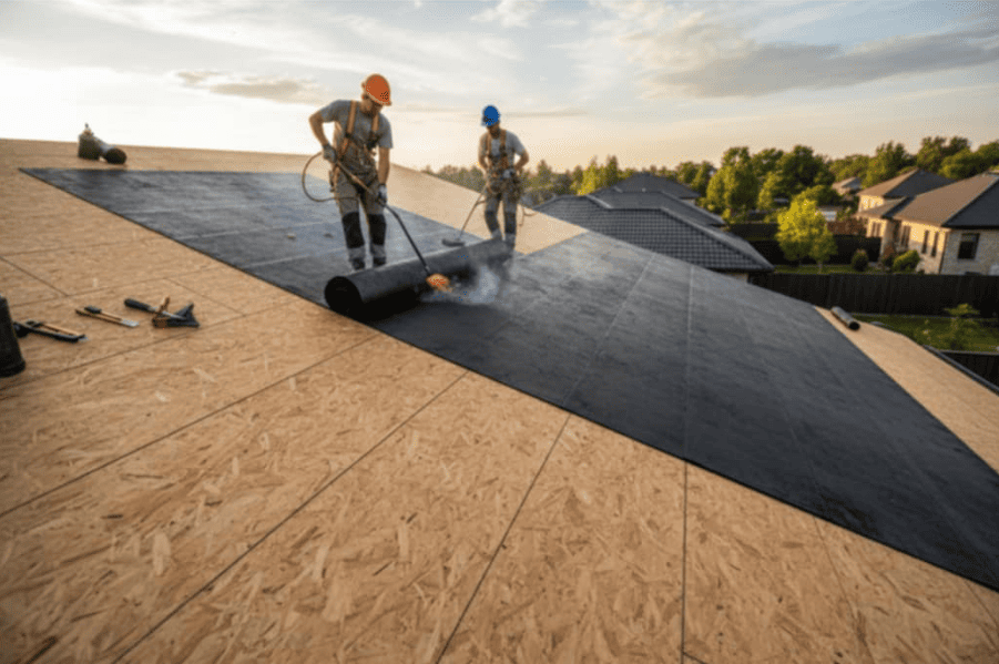 Obraz pokazujący pokrywanie dachu z płyty OSB papą termozgrzewalną