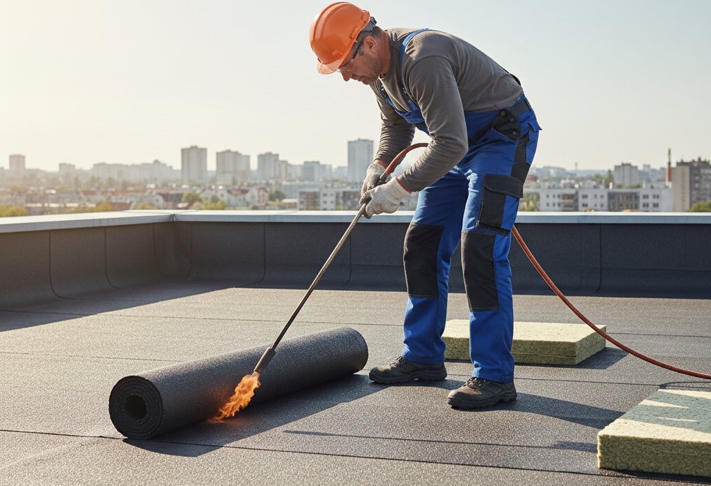 Obraz pokazujący osobę rozkładającą papę bitumiczną