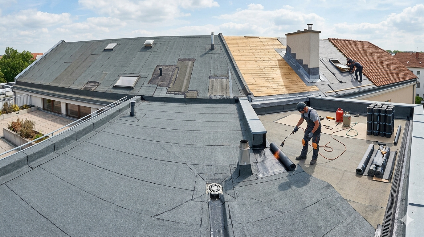 Obraz przedstawia realistyczną i techniczną panoramę prac dekarskich związanych z układaniem papy